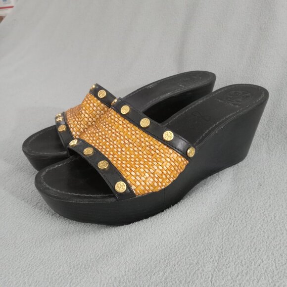TORY BURCH Straw/Leather JOANIE Studded PLATFORM WEDGE SANDALS US 8.5 Logo s7155 - Picture 4 of 16